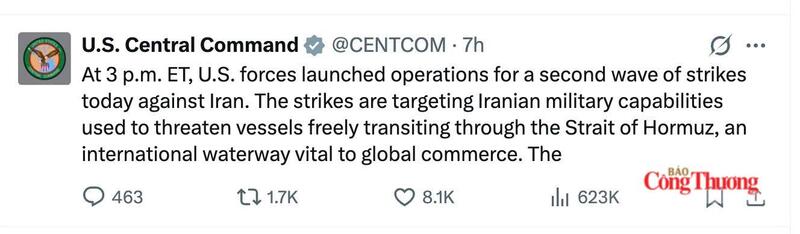Bộ Tư lệnh Trung tâm Mỹ (CENTCOM) đăng tải trên mạng xã hội X. Ảnh chụp màn hình