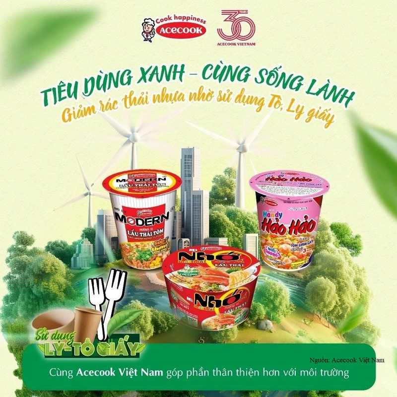 Acecook hưởng ứng tinh thần “Tiêu dùng xanh - Cùng sống lành” với Mì ly Modern, Mì ly Handy Hảo Hảo, Mì Tô Nhớ Mãi Mãi,… được cải tiến bao bì giấy.