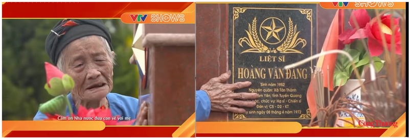 Hình ảnh người mẹ của liệt sĩ Hoàng Văn Đằng ở Tuyên Quang bật khóc khi con trở về, dù chỉ còn là một nấm mộ. (Ảnh chụp từ màn hình chương trình VTV SHOWS)