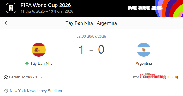Đội tuyển Tây Ban Nha thắng Argentina với tỷ số 1-0 tại chung kết World Cup 2026.