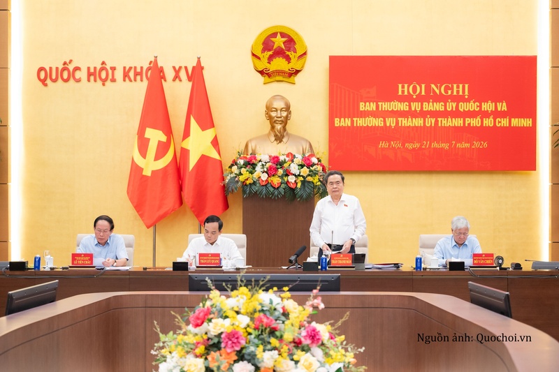 Chủ tịch Quốc hội Trần Thanh Mẫn phát biểu tại Hội nghị Ban Thường vụ Đảng uỷ Quốc hội và Ban Thường vụ Thành uỷ Thành phố Hồ Chí Minh. Ảnh: Vũ Hiếu