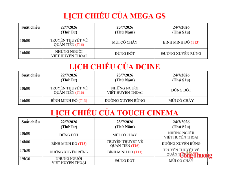 Lịch chiếu của Mega GS, DCine, Touch Cinema.