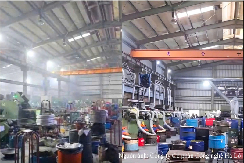 Nhà xưởng sản xuất ốc vít trước (trái) và sau (phải) khi lắp đặt hệ thống xử lý khí thải Ha Lô: từ mù sương dầu dày đặc sang không gian thông thoáng, sạch hơn.