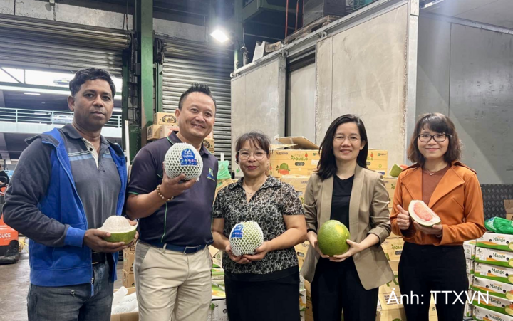 Bà Trần Thị Thanh Mỹ, Phó Tổng Lãnh sự Việt Nam tại Sydney, Trưởng Thương vụ Việt Nam tại Australia. (Thứ hai từ phải sang) tại lễ ra mắt bưởi da xanh tại Australia tháng 4/2026.