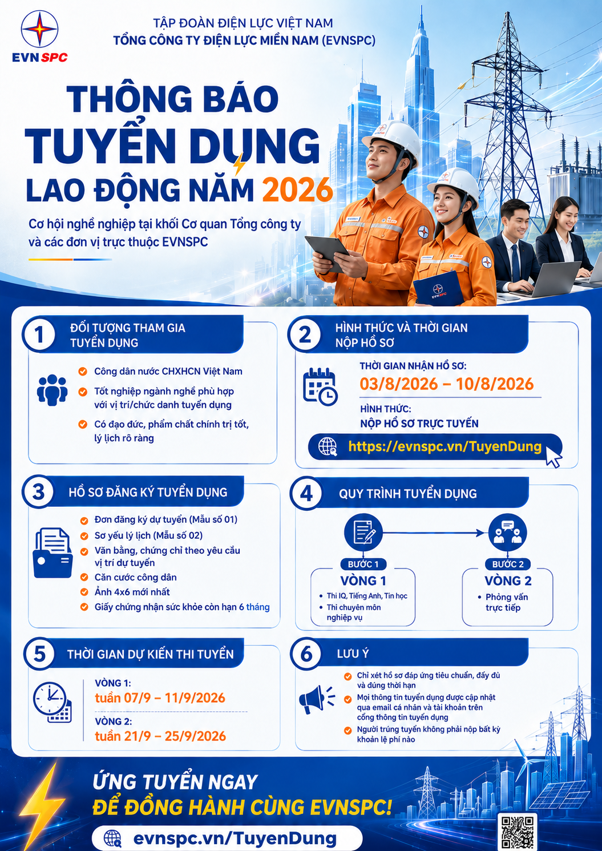 Nhiều vị trí công việc đang được EVNSPC tuyển dụng năm 2026.
