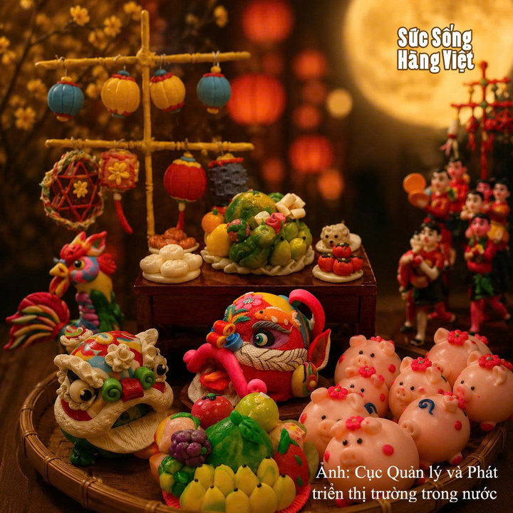 Nhiều sản phẩm thủ công như: tò he, đèn ông sao, đèn lồng, mặt nạ giấy bồi, đầu lân, trống... xuất hiện trong không gian trưng bày của chương trình.