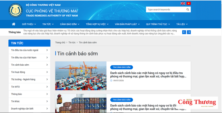 Cục Phòng vệ thương mại đã vận hành hệ thống cảnh báo sớm, theo dõi khoảng 300 mặt hàng có nguy cơ bị điều tra. Ảnh chụp màn hình.