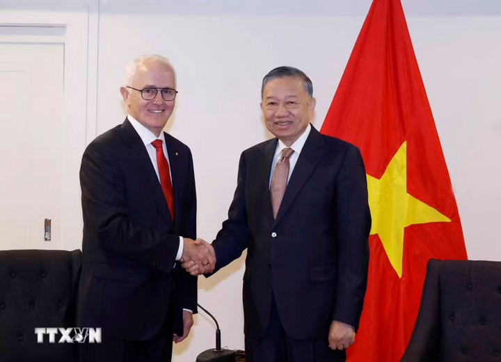 Tổng Bí thư, Chủ tịch nước Tô Lâm tiếp nguyên Thủ tướng Australia Malcolm Turnbull AC, Chủ tịch Công ty công nghệ Advanced Navigation. Ảnh: Thống Nhất/TTXVN