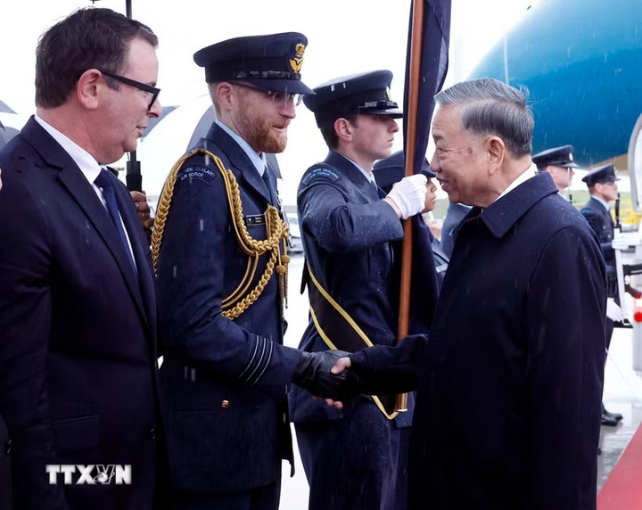 Quan chức New Zealand đón Tổng Bí thư, Chủ tịch nước Tô Lâm tại Sân bay quốc tế Auckland. Ảnh: Thống Nhất/TTXVN
