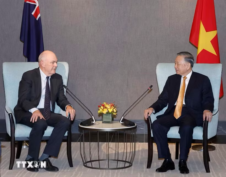 Tổng Bí thư, Chủ tịch nước Tô Lâm và ông Steven Joyce, Quyền Chủ tịch Hội Hữu nghị New Zealand-Việt Nam. Ảnh: Thống Nhất/TTXVN