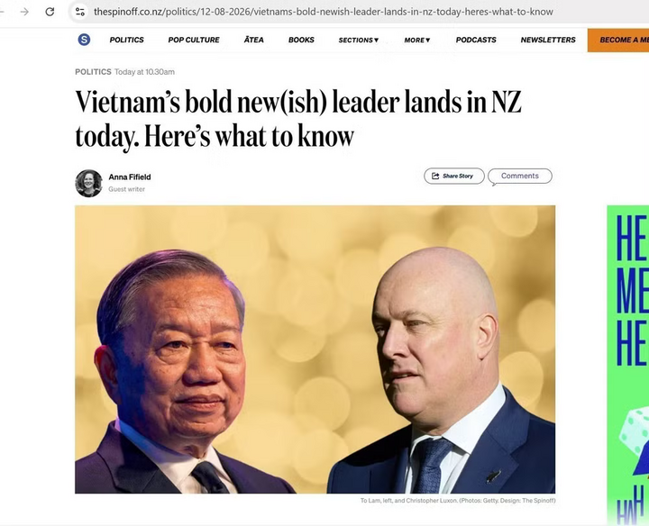 Bài viết trên trang tin The Spinoff. Ảnh: TTXVN phát