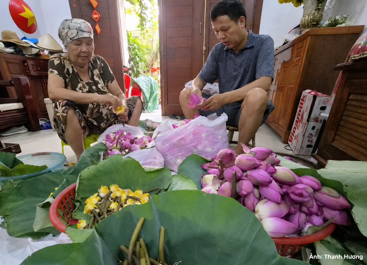 Các thành viên trong gia đình Nghệ nhân Nguyễn Thị Thanh Hương đang trong quá trình làm trà sen truyền thống.