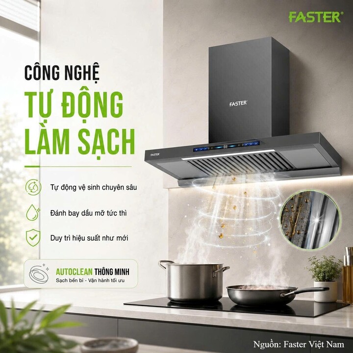 Công nghệ tự động làm sạch AutoClean trên máy hút mùi Faster giúp làm tan dầu mỡ bám trên cánh quạt và khoang động cơ, duy trì hiệu suất hút và hạn chế thao tác vệ sinh thủ công