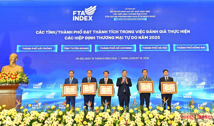Phó Thủ tướng Thường trực Chính phủ Phạm Gia Túc trao Bằng khen cho 5 tỉnh, thành phố có thành tích trong việc đánh giá kết quả thực hiện các FTA. Ảnh: Nam Nguyễn