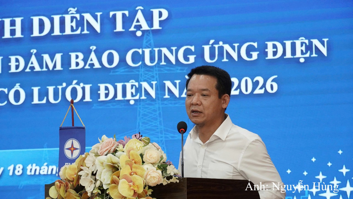 Ông Nguyễn Hữu Hưởng - Giám đốc, Trưởng Ban Chỉ huy PCTT&TKCN Công ty Điện lực Hải Phòng phát biểu giao nhiệm vụ tại buổi diễn tập