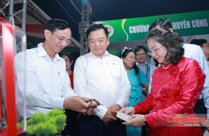 Đại diện Cục Đổi mới sáng tạo, Chuyển đổi xanh và Khuyến công cùng lãnh đạo tỉnh Hà Tĩnh tham quan các gian hàng.