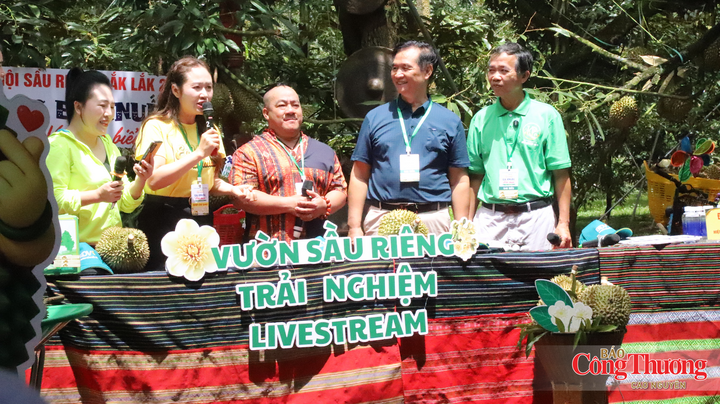 Bà Ngô Thị Minh Trinh, Bí thư Đảng ủy xã Ea Knuếc (thứ 2 từ trái sang) cùng đội ngũ livestream, quảng bá thương hiệu sầu riêng.