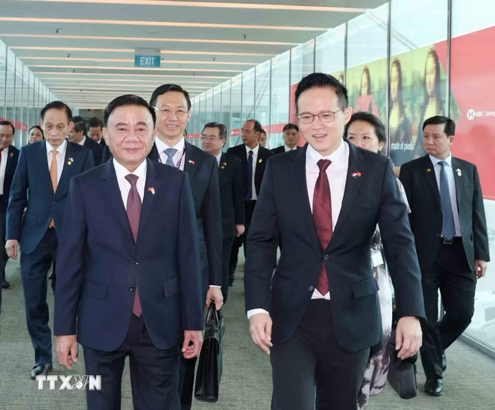 Quốc Vụ khanh Bộ Quốc phòng Singapore Desmond Choo đón Thường trực Ban Bí thư Trần Cẩm Tú tại sân bay Changi. Ảnh: Phương Hoa/TTXVN