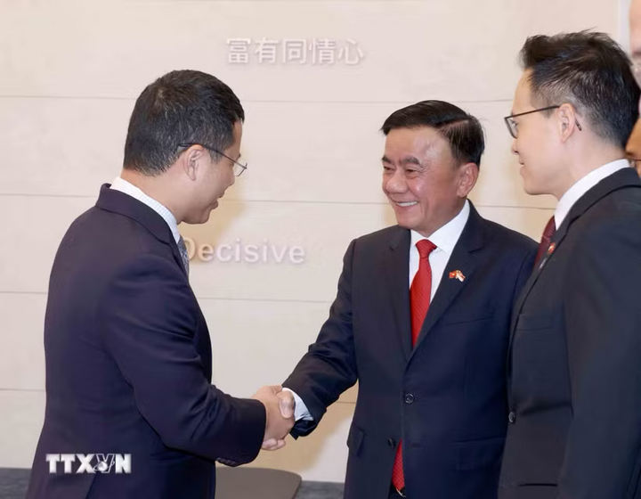 Thường trực Ban Bí thư Trần Cẩm Tú hội kiến Chủ tịch Đảng Hành động Nhân dân Singapore, Bộ trưởng Bộ Giáo dục Desmond Lee. Ảnh: Phương Hoa/TTXVN