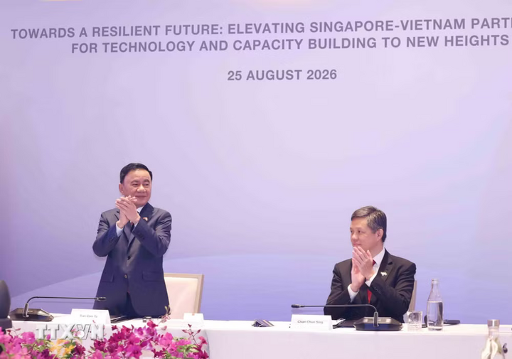 Đồng chí Trần Cẩm Tú, Ủy viên Bộ Chính trị, Thường trực Ban Bí thư cùng Phó Tổng Thư ký Đảng Hành động Nhân dân Singapore, Bộ trưởng Bộ Quốc phòng kiêm Bộ trưởng Điều phối dịch vụ công Chan Chun Sing đồng chủ trì Đối thoại Chiến lược Việt Nam-Singapore lần thứ nhất. Ảnh: Phương Hoa/TTXVN