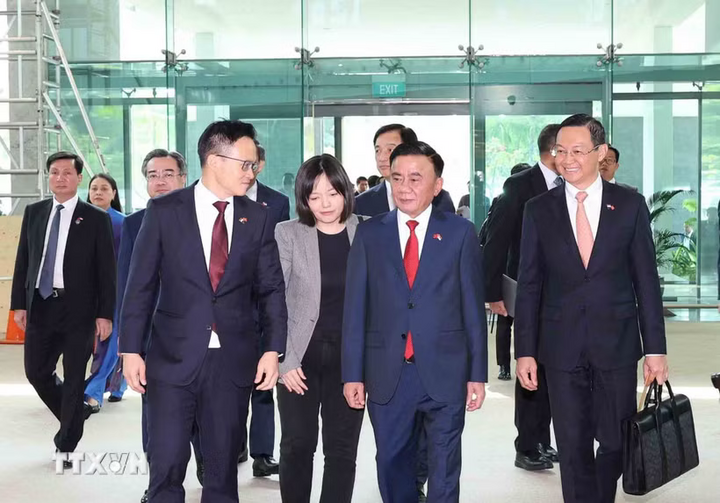 Quốc vụ khanh Bộ Quốc phòng Singapore Desmond Choo tiễn Thường trực Ban Bí thư Trần Cẩm Tú tại sân bay quốc tế Changi. Ảnh: Phương Hoa/TTXVN