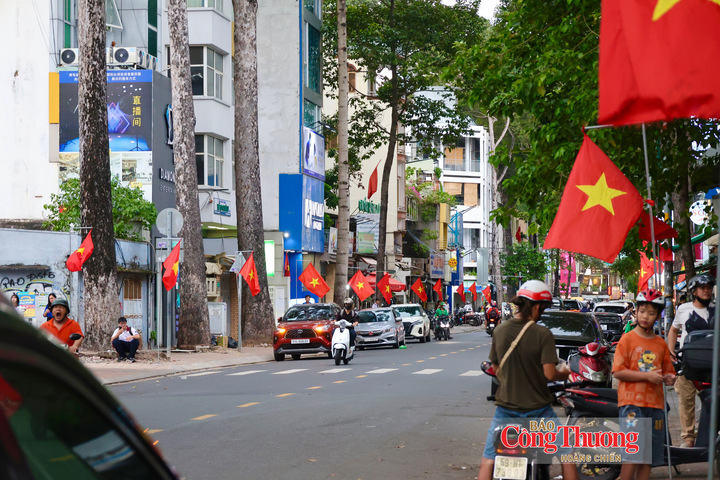 Cờ Tổ quốc được treo đồng loạt trên đường Trần Bình Trọng (phường Bàn Cờ, TP. Hồ Chí Minh).