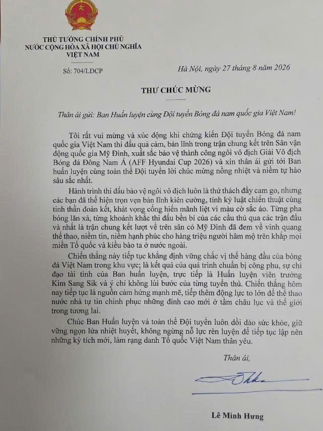 Toàn văn thư chúc mừng của Thủ tướng Chính phủ tới Ban huấn luyện cùng Đội tuyển Bóng đá nam quốc gia Việt Nam