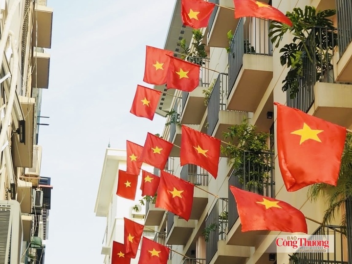 Cờ đỏ sao vàng tung bay trên phố phường Thủ đô, tạo nên không khí rộn ràng trước ngày lễ lớn của dân tộc.