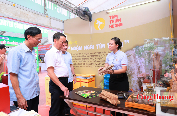 Chủ tịch UBND tỉnh Hà Tĩnh Phan Thiên Định kiểm tra hàng hóa tại hội chợ.