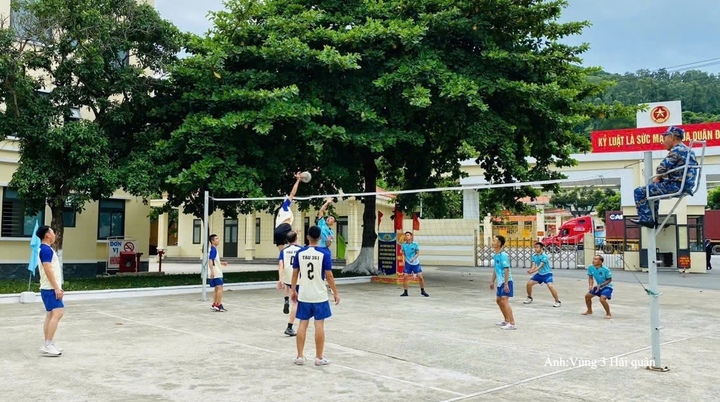 Cán bộ, chiến sĩ giao lưu bóng chuyền tại quân cảng.