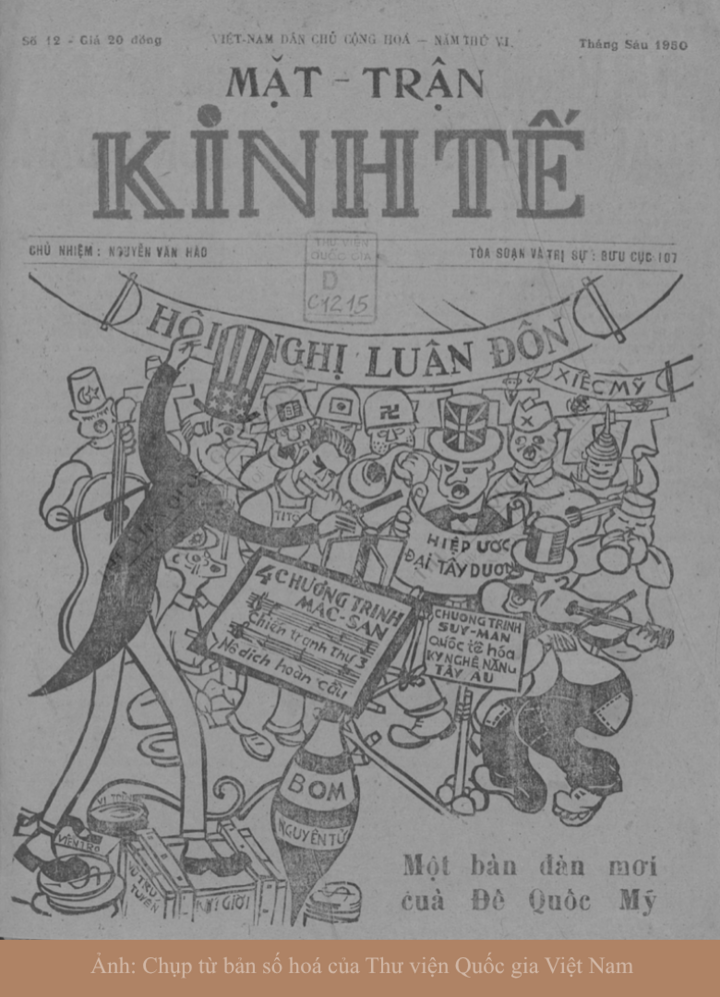 Trang bìa tờ tin Mặt trận Kinh tế số 12, tháng 6/1950 xuất bản giữa vùng kháng chiến. Măng sét ghi "Chủ nhiệm: Nguyễn Văn Hào" và địa chỉ toà soạn vỏn vẹn "Bưu cục 107".