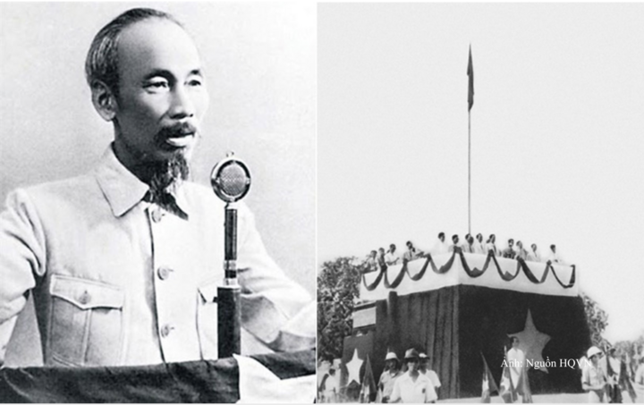 Chủ tịch Hồ Chí Minh đọc Tuyên ngôn Độc lập tại Quảng trường Ba Đình, Hà Nội, ngày 2/9/1945, khai sinh nước Việt Nam Dân chủ Cộng hòa.