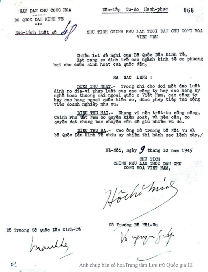 Sắc lệnh số 48 ngày 9/10/1945 về việc cho phép các công ty và các hãng ngoại quốc hiện có được phép tiếp tục công việc kinh doanh.