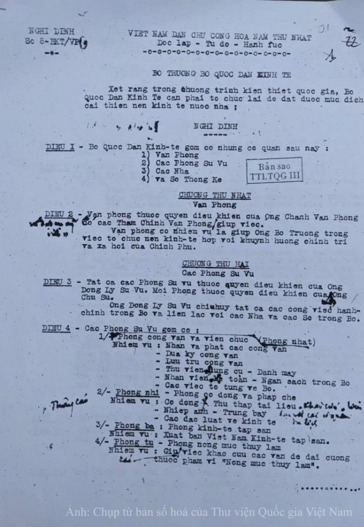 Nghị định số 8-BKT/VP ngày 2/10/1945 của Bộ trưởng Bộ Quốc dân Kinh tế, trong đó Phòng thứ ba là Phòng Kinh tế tạp san có nhiệm vụ xuất bản Việt Nam Kinh tế tập san. Bản gốc lưu tại Trung tâm Lưu trữ quốc gia III.