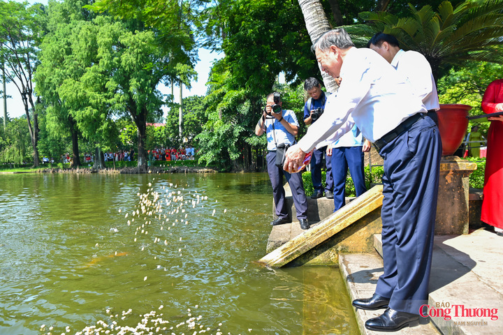 Tổng Bí thư, Chủ tịch nước Tô Lâm cùng các đại biểu thăm ao cá Bác Hồ.