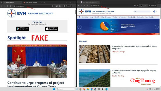 Giao diện trang web giả mạo có các nút tải giả mạo huy hiệu/logo Google Play và App Store (bên trái) nhằm dụ dỗ người dùng tải về file ứng dụng độc hại mang tên "CSKH EVNSPC".