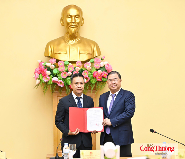 Ủy viên Bộ Chính trị, Phó Thủ tướng Thường trực Phạm Gia Túc trao quyết định bổ nhiệm Thứ trưởng Bộ Công Thương Nguyễn Việt Sơn. Ảnh: Cấn Dũng