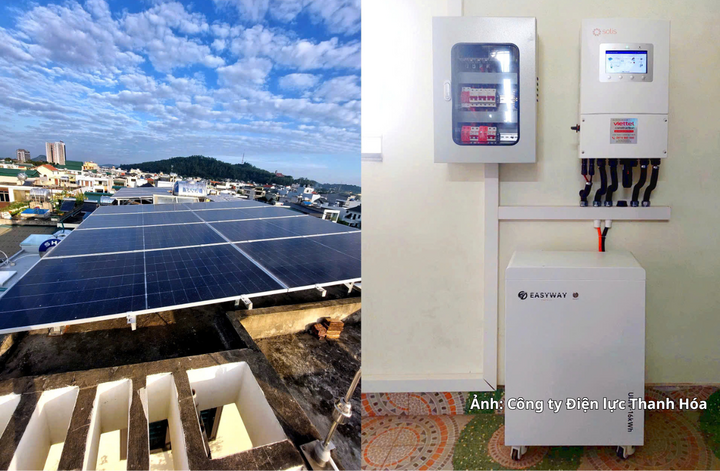 Hệ thống điện mặt trời mái nhà kèm pin lưu trữ có tổng công suất là 8 kW của gia đình anh Vũ Văn Đồng, trú tại phường Hạc Thành, tỉnh Thanh Hóa.