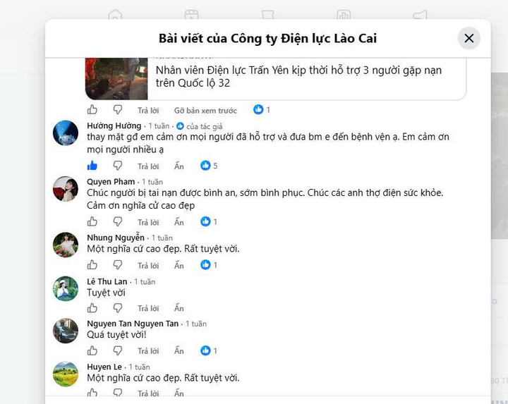 Phản hồi của gia đình người bị nạn cùng các bình luận tích cực từ cộng đồng mạng trước nghĩa cử cao đẹp của nhân viên Điện lực Lào Cai.