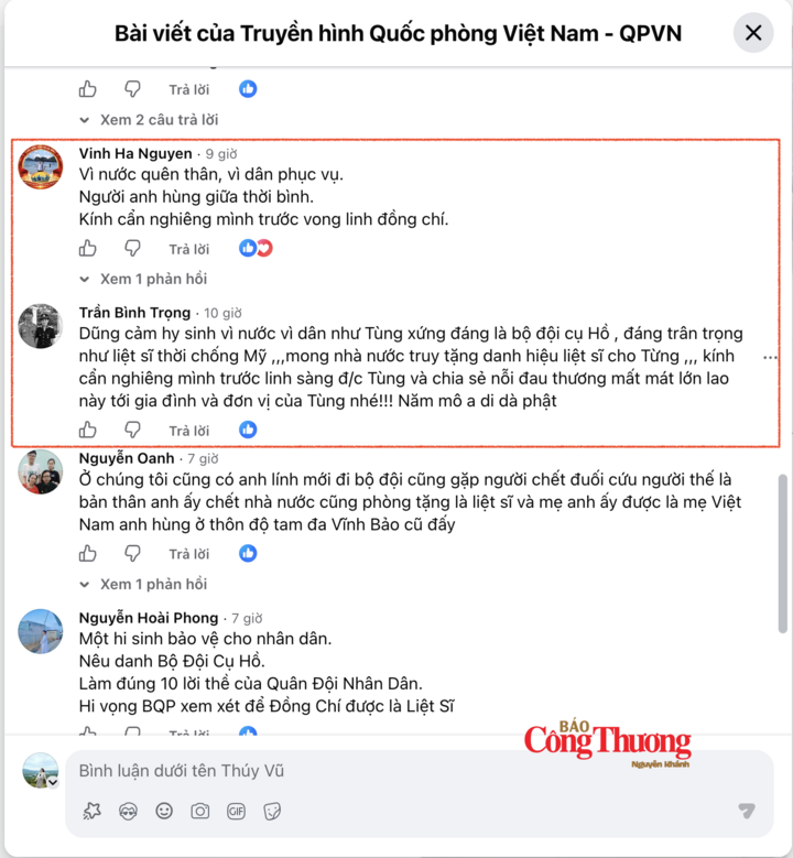 Hành động hy sinh quên mình cứu dân của Trung tá Trần Văn Tùng đã lan tỏa mạnh trên mạng xã hội, thu hút hàng loạt bình luận bày tỏ sự khâm phục. Ảnh chụp từ màn hình.