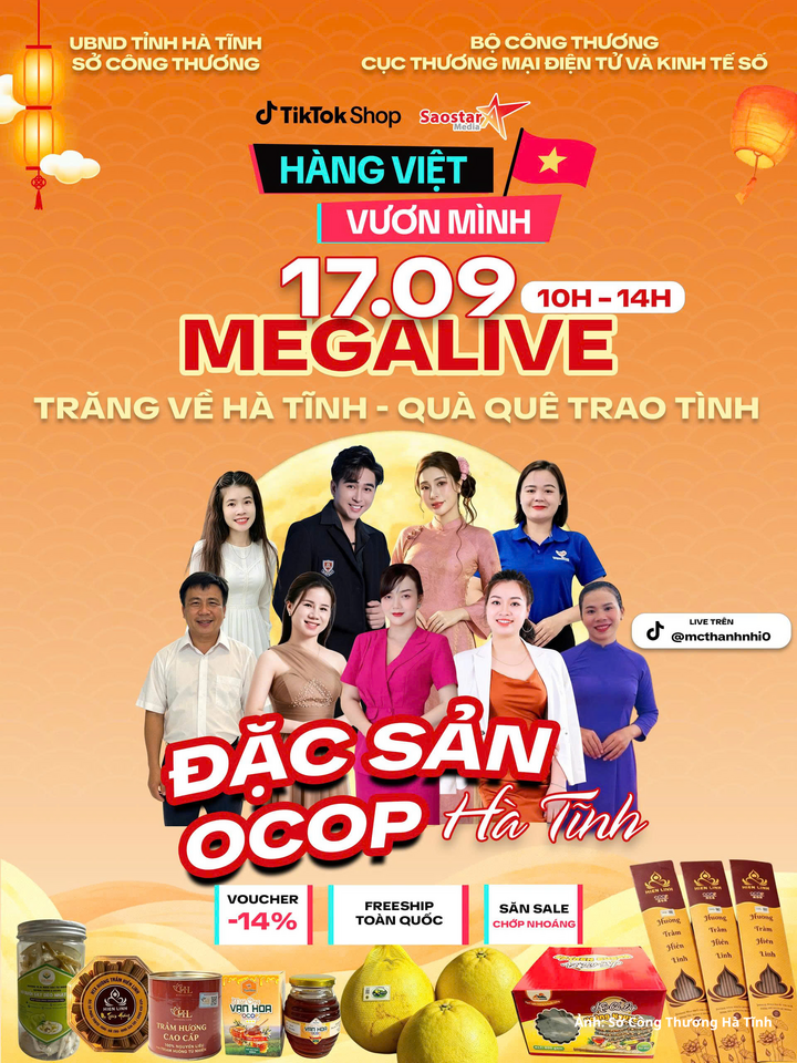 Phiên Mega Live dự kiến diễn ra từ 10h00 đến 14h00 ngày 17/9/2026 tại xã Phúc Trạch, tỉnh Hà Tĩnh.