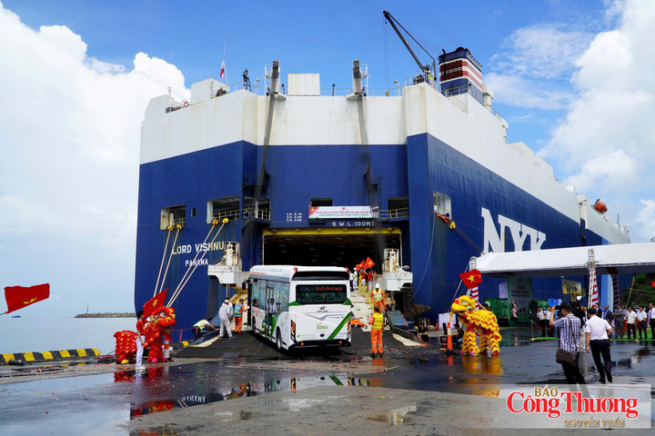 Xe buýt điện được đưa lên tàu NYK Line Việt Nam xuất khẩu sang Thái Lan.