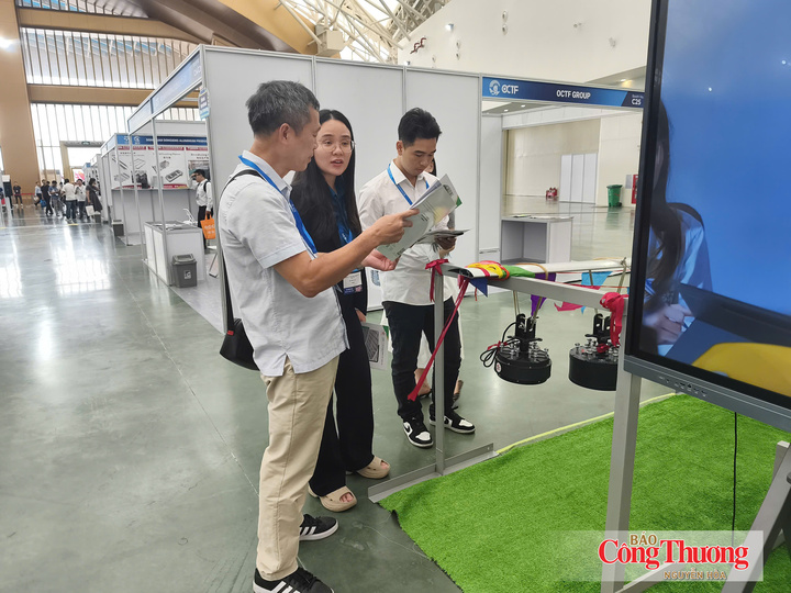 Chị Bùi Minh Châu, nhân viên kinh doanh Công ty CP Đoàn Mỹ Anh Việt Nam đang tư vấn cho khách tham quan gian hàng.
