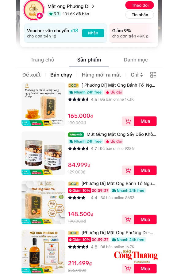 Sản phẩm mật ong của Gia Lai được bán trên các sàn thương mại điện tử. Ảnh chụp màn hình.