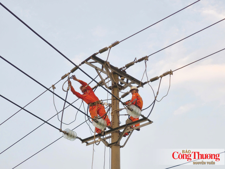 Anh Đồng Sĩ Trình (bên phải) thực hiện công tác trên lưới điện