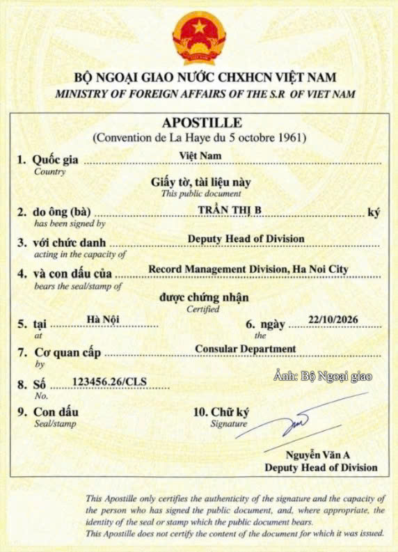 Mẫu chứng nhận Apostille của Việt Nam triển khai từ 11/9/2026.