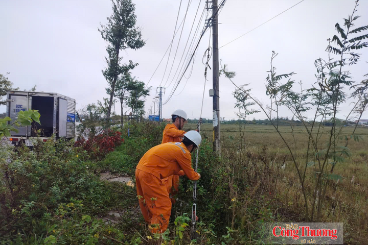 Nhân viên điện lực Đà Nẵng gia cố néo và kiểm tra hệ thống móng cột trước mùa mưa bão