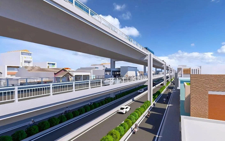 Đường dẫn lên cầu Phú Mỹ 2 phía TP. Hồ Chí Minh, dài hơn 2 km từ Hoàng Quốc Việt đến Đào Trí, được thiết kế đường trên cao 1-2 tầng - phương án lần đầu áp dụng tại thành phố