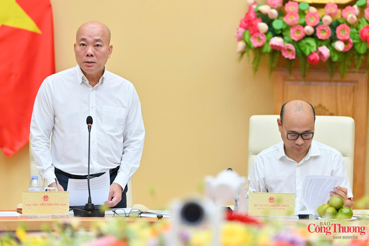 Cục trưởng Cục Xúc tiến thương mại Vũ Bá Phú trình bày báo cáo tóm tắt về tình hình triển khai và định hướng thực hiện Chương trình vươn rathị trường quốc tế giai đoạn 2026 - 2030.