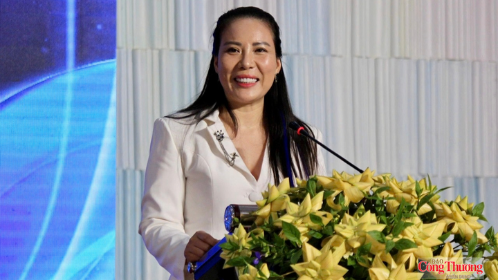 Bà Nguyễn Thị Phương Thanh, Phó Tổng Giám đốc Kinh Doanh VFI GROUP, đại diện Đoàn doanh nghiệp Hà Nội, phát biểu tại hội thảo.